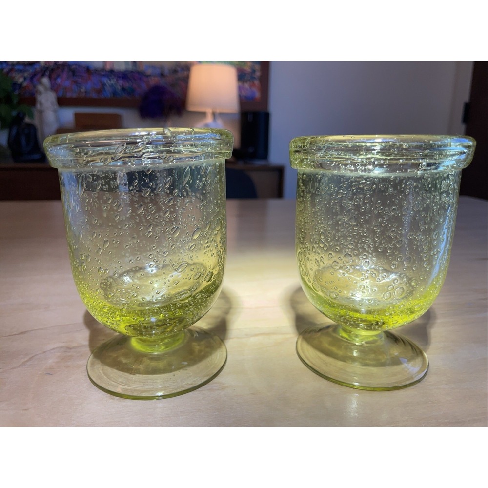 Yellow Blown‎ Glass Goblets Set Of 2 Rolled Top Lucia, Wheat Chalice Volatile